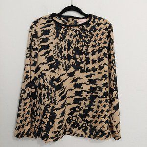 BLACK LABEL BY CHICO'S BLACK, KHAKI PRINTED CHIFFON-SIDE SNAP BLOUSE SIZE LARGE